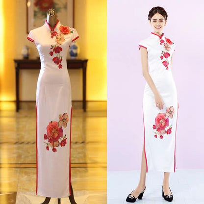 White flowers improved cheongsam long banquet evening dress choir performance costume bridesmaid dress wholesale 10052