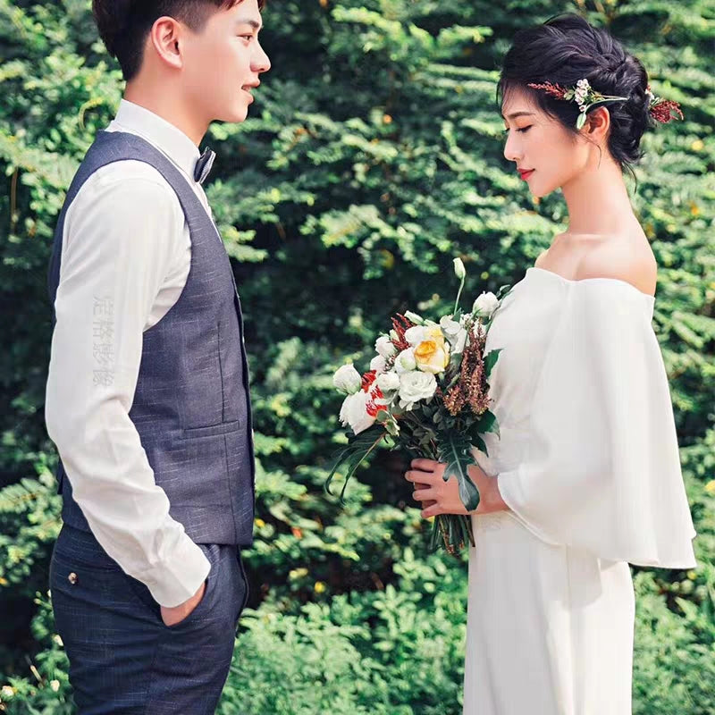 New Wedding Dress Shoulder Trumpet Sleeve Bride Marry Fishtail Slim Dress Simple Sen Department Travel Shoot Gauze