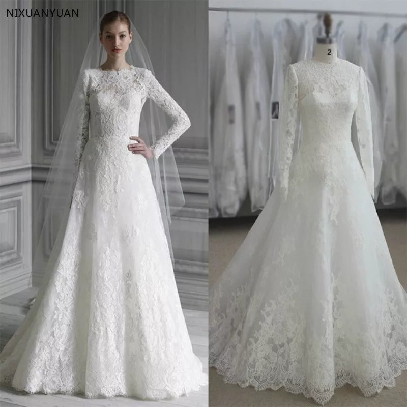 Elegant Long Sleeve Wedding Dress Muslim Dress 2020 Simple White Vintage Lace Bridal Gowns High Neck Vestido De Noiva Princess