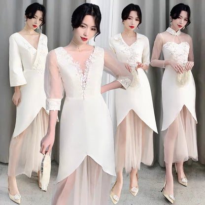 Champagne bridesmaid dress 2019 new winter annual party evening dress skirt long sister group wedding dress was thin