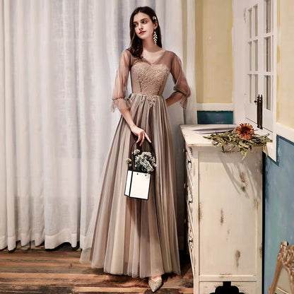 Bridesmaid dress female autumn and winter long-sleeved sister group coffee color evening dress 2019 new temperament long banquet dress