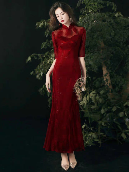 Toasted bride cheongsam 2020 new wine red fishtail retro Chinese wind back door casual wedding dress