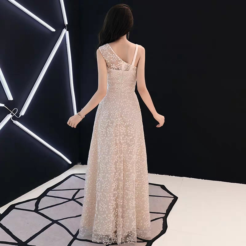 Simple Generous Champagne Long Host Temperament Banquet Party Small Evening Dress dress female