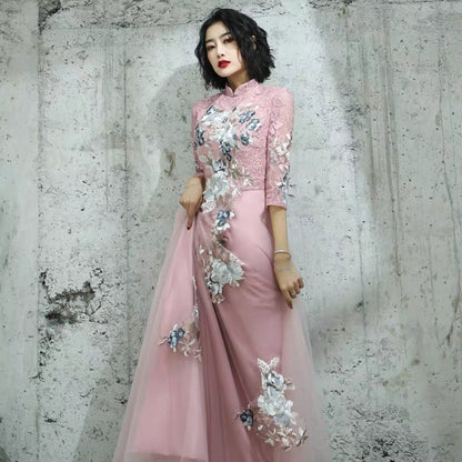 Chinese toast clothing bride cheongsam 2019 new autumn and winter long wedding dress skirt thank you feast in the sleeves thin female