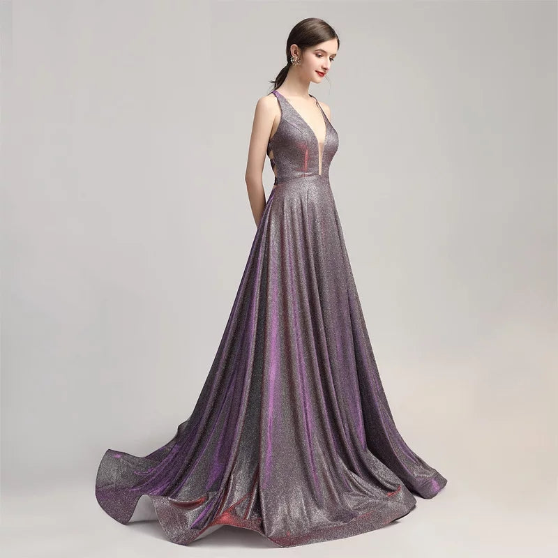 Elegant V-neck Sequin Long Prom Evening Dresses Lace Up Court Train Formal Party Gown Pageant Dress