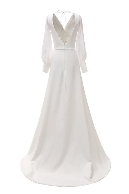 Long sleeve simple satin chiffon bridal wedding dress gown