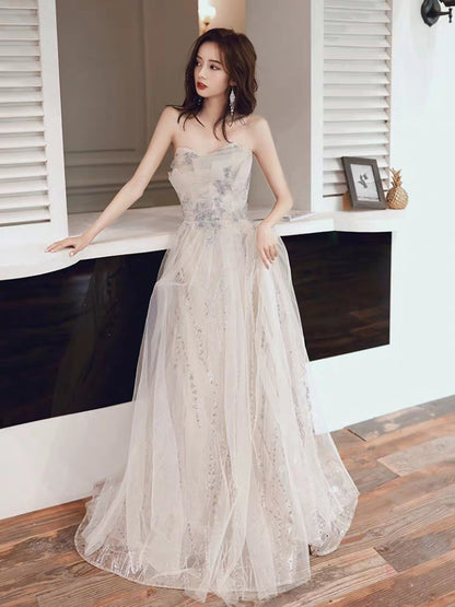 Wedding Dress champagne color new long show thin banquet fairy temperament annual meeting host wipe chest birthday woman
