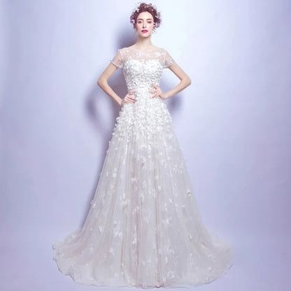 Elegant and romantic flower fairy Princess bride lace trailing wedding dress 6009