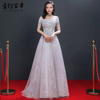 Dress new noble elegant banquet party performance dress long host evening dress skirt word shoulder