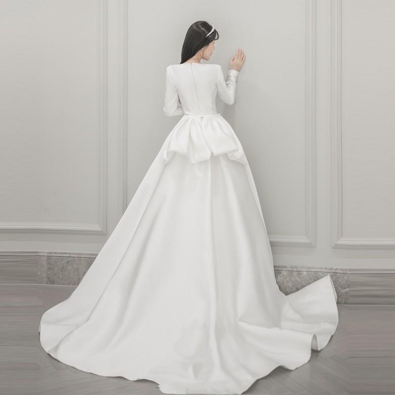 New long sleeve satin slim wedding dress French court simple bride wed –  Ame_handmadesg