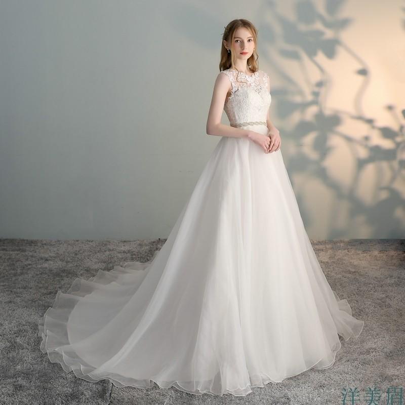 New main wedding dress simple shoulders slim lace princess puffy skirt hollow tail out wedding dress