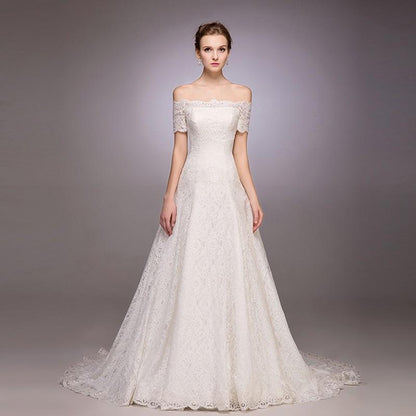 New wedding dress with a shoulder-length drag tail show thin simple retro lace wedding bride Korean-style body-style sling straps