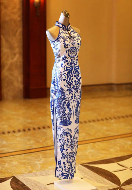 Blue and white porcelain cheongsam long stage catwalk improved costume Chinese style Chinese dress wholesale 10077