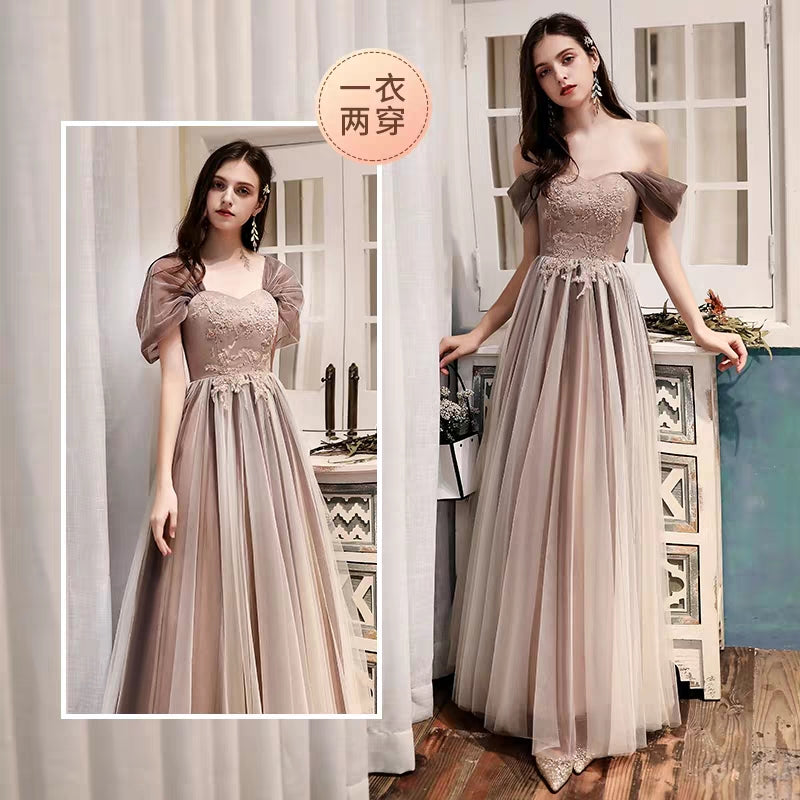 Bridesmaid dress female autumn and winter long-sleeved sister group coffee color evening dress 2019 new temperament long banquet dress
