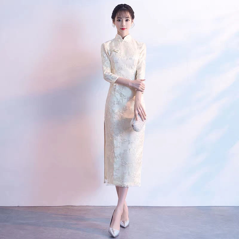 Girl cheongsam autumn and winter long long-sleeved 2019 new improved version of elegant and thin fishtail dress skirt female Chinese style