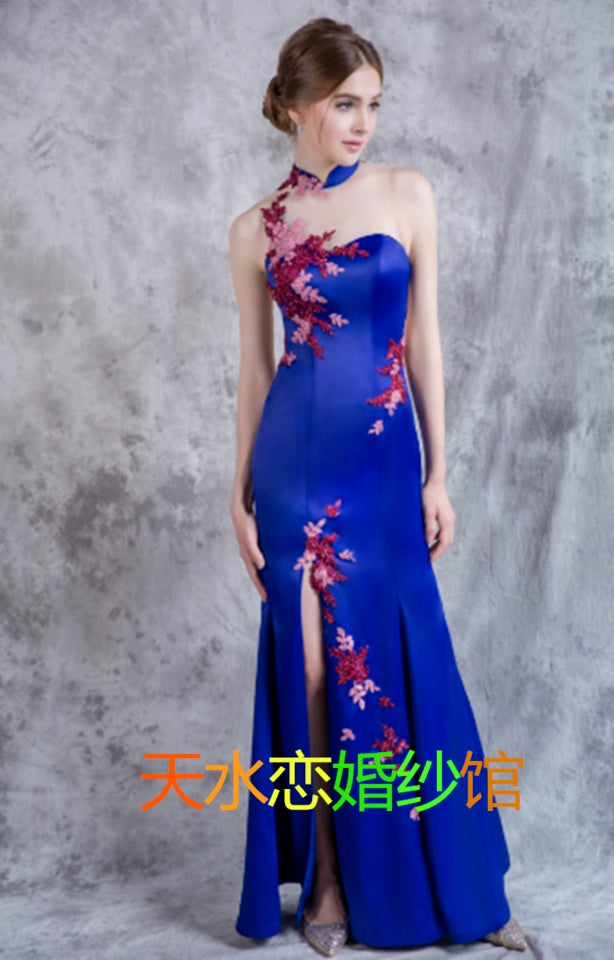 Blue fishtail dress Chinese stand-up collar sexy open-leg split bride toast clothing summer backless satin temperament female