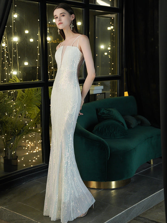 Sling evening dress dress female fishtail 2020 new high-end banquet temperament famous light luxury annual meeting host white.