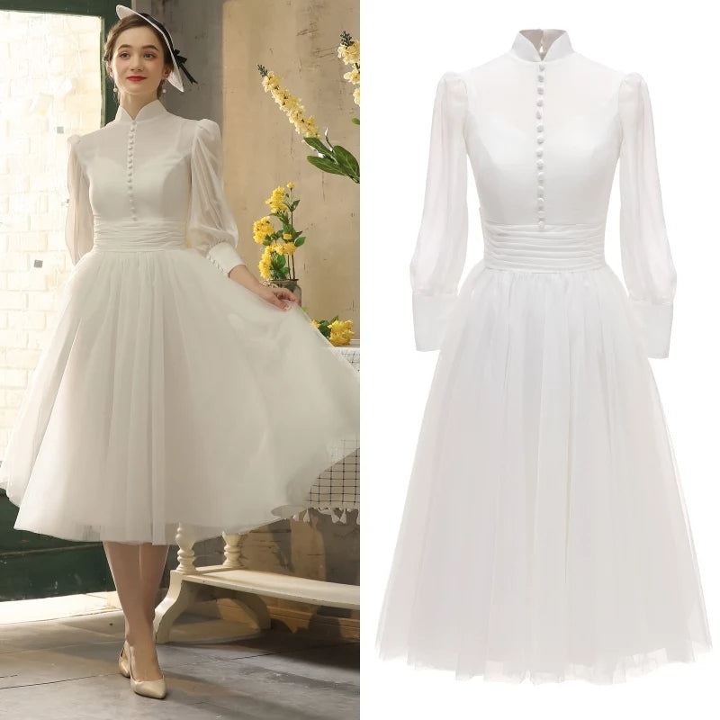 Audrey Hepburn high neck long sleeve lady chiffon bridal gown wedding dress evening dresses