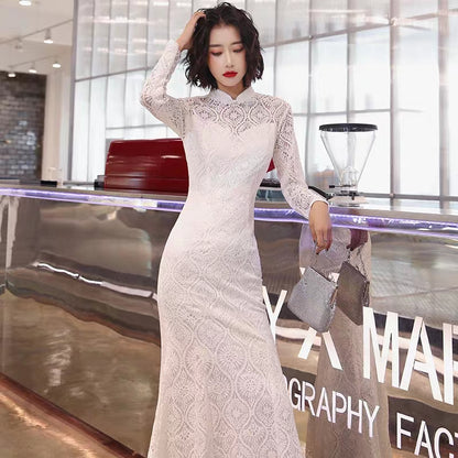 French cheongsam young improved girl dress women's white long fishtail banquet retro elegant Chinese wind