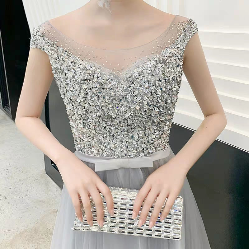 Banquet Host Evening Dress New Grey Sequins Dreamy Noble Atmospheric Party Dress Long