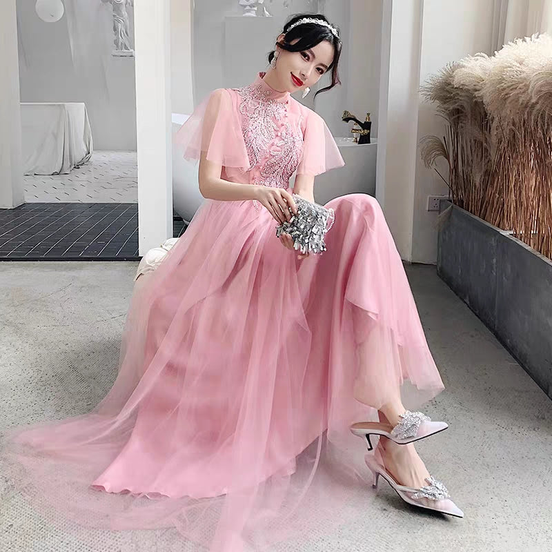 Pink bridesmaid dress 2019 new winter long section annual meeting evening dress skirt sister group wedding dress female was thin