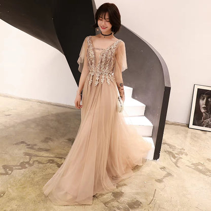 Banquet evening dress long section winter champagne dream show host dress birthday party dress female
