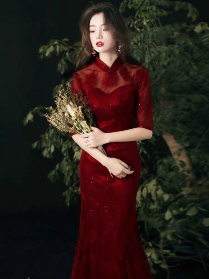 Toasted bride cheongsam 2020 new wine red fishtail retro Chinese wind back door casual wedding dress