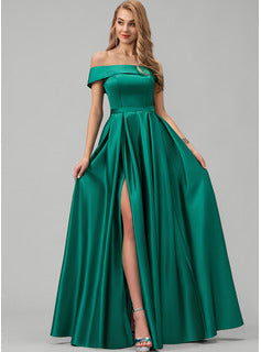 A-Line Off-the-Shoulder Floor-Length Satin Bridesmaid Dress With Split Front Pockets Long Bridesmaid Dresses