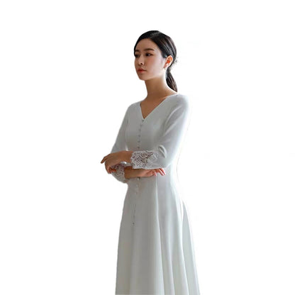 French light wedding dress new bride travel photography satin forest super fairy dream long sleeves thin simple evening dress