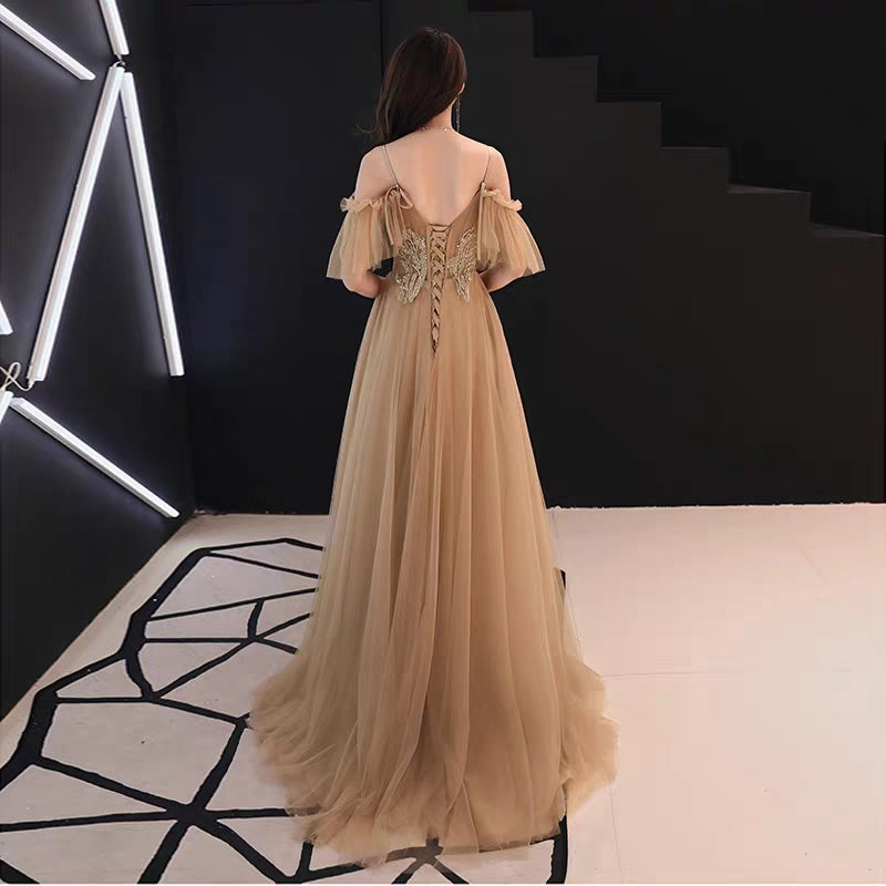 Evening dress female new noble elegant gold long section host banquet fairy dream dress was thin