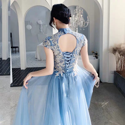 Blue evening dress female 2019 new winter noble elegant small stand collar atmosphere show host dress long skirt