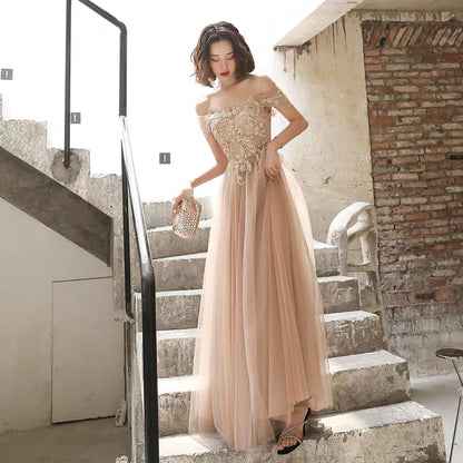 Evening dress female new champagne color word shoulder long paragraph noble ladies temperament birthday party dress skirt