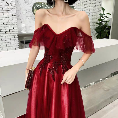 Toast clothing bride 2019 autumn wedding wine red thank you banquet shoulder evening dress female long section of the Queen