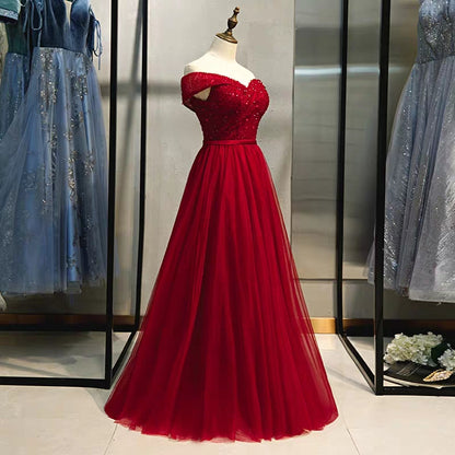 A word shoulder toasting dress bride wedding new red long model show thin usual can wear banquet evening dress girl