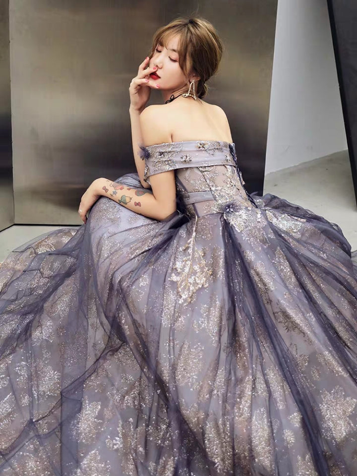 One-shoulder toast clothing 2019 new banquet bride wedding host evening dress actress empty gradient skirt dream