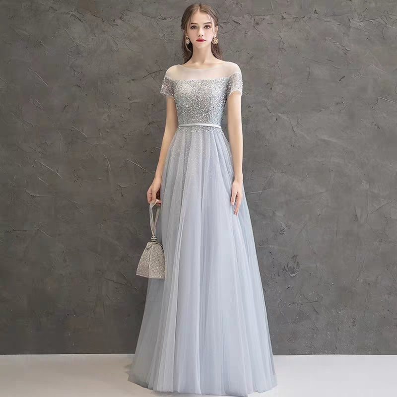 Evening dress female new dinner party dress gray long temperament simple and elegant host dress skirt