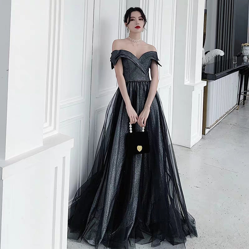 Banquet Air Field Queen's Black Evening Dress New High-end High-end Textured Temperament Long-Look Host