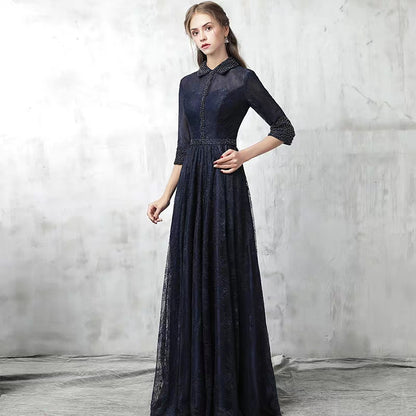 Evening dress female new elegant lady temperament was thin long-sleeved evening banquet host navy blue dress skirt