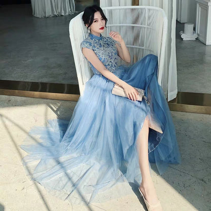 Blue evening dress female 2019 new winter noble elegant small stand collar atmosphere show host dress long skirt