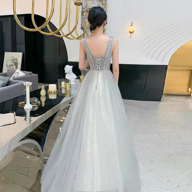 Gray evening dress female 2019 new V-neck sequins long elegant noble temperament banquet host dress skirt