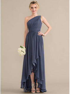 A-Line One-Shoulder Asymmetrical Chiffon Bridesmaid Dress With Cascading Ruffles High-Low Bridesmaid Dresses