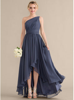 A-Line One-Shoulder Asymmetrical Chiffon Bridesmaid Dress With Cascading Ruffles High-Low Bridesmaid Dresses