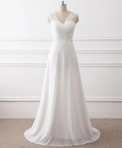 Elegant Cap Sleeve V-Neck Backless Lace Beading Chiffon A-Line Bride Dress Wedding Dress