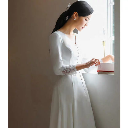 French light wedding dress new bride travel photography satin forest super fairy dream long sleeves thin simple evening dress