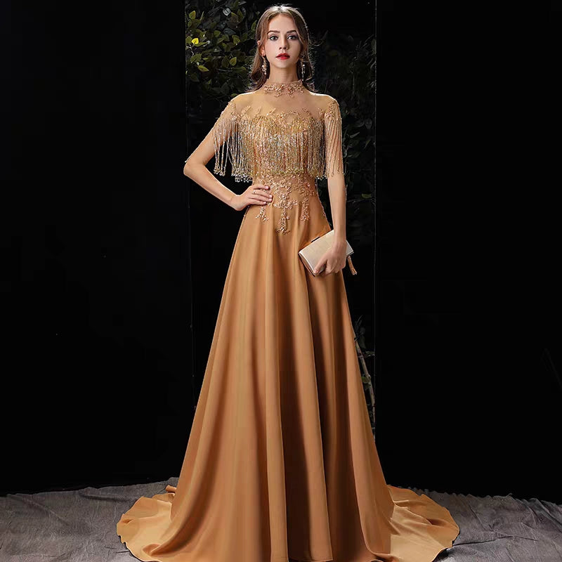 Evening dress femal new banquet high-end atmosphere golden host dress skirt elegant satin high-quality texture