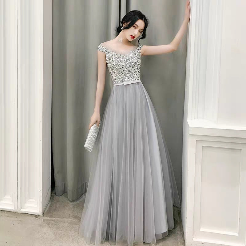 Banquet Host Evening Dress New Grey Sequins Dreamy Noble Atmospheric Party Dress Long