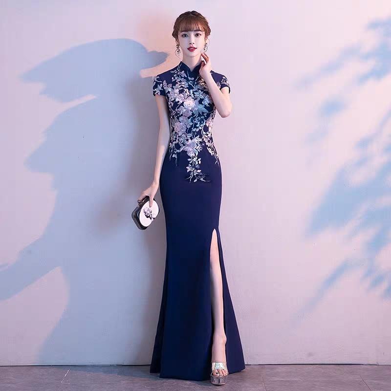 Banquet evening dress female 2019 new noble host fishtail slim high-end Chinese temperament cheongsam dress