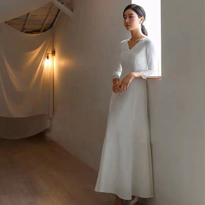 French light wedding dress new bride travel photography satin forest super fairy dream long sleeves thin simple evening dress