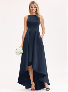 A-Line Scoop Neck Asymmetrical Satin Bridesmaid Dress With Pockets High-Low Bridesmaid Dresses