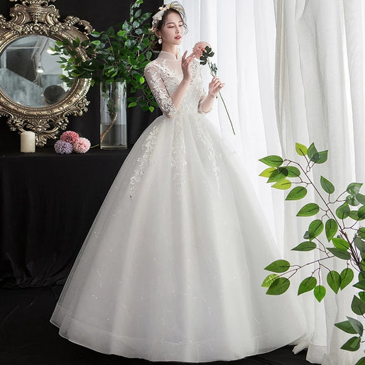 AR714 Elegant High Collar Wedding Dress Plus Size Three Quarter Sleeve Sequin Vestidos De Novia | Amehandmadesg